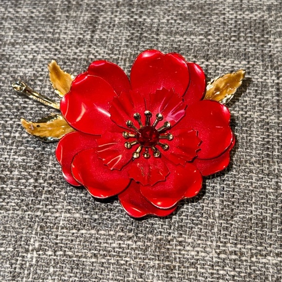 Vintage 60s Coro Enamel Flower Rhinestone Brooch - Picture 1 of 7